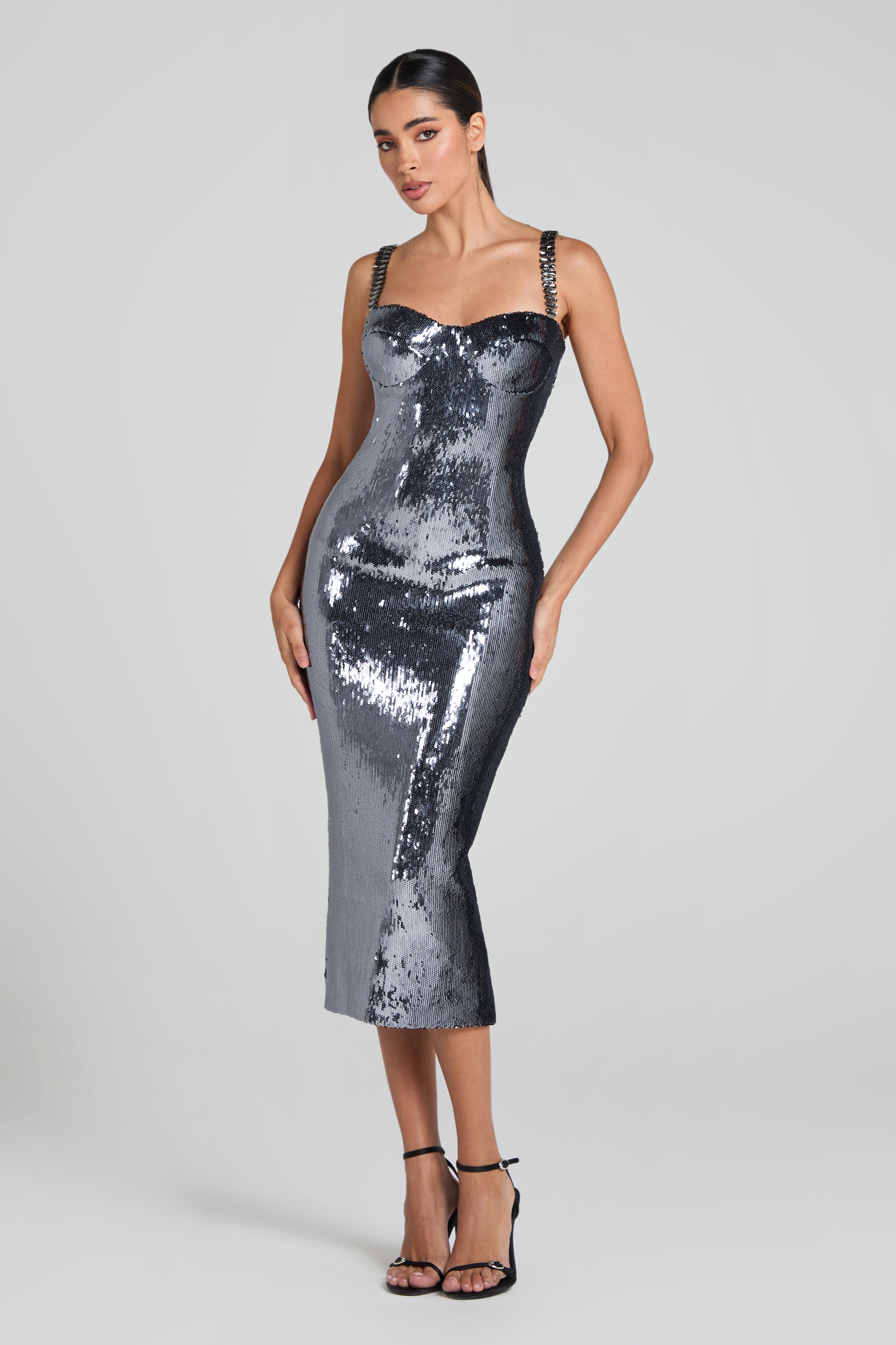 Elegant Silver Brooke Dress for Evening Wear